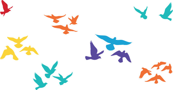 Colorful flying birds silhouette set with flock shapes in modern flat style
