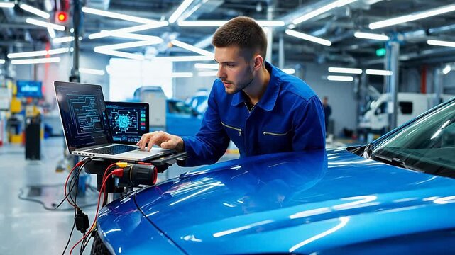 Mechanic working on car with laptop