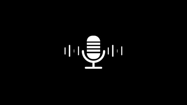 Microphone icon with voice recording. Podcast mic microphone button icon animated on black background. 4k video.