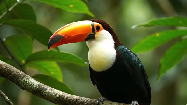 Toco Toucan Perched on a Branch in the Tropical Rainforest, Close-up of Colorful Large Beak and Vibrant Plumage in Natural Habitat