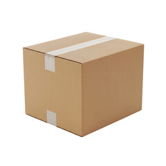 Brown cardboard box with white packing tape on top and sides isolated on white background transparent background