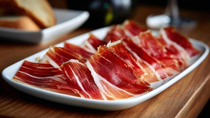 Slices of savory iberian cured ham served on a dark plate with red wine