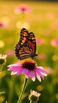 Monarch Butterfly on Echinacea Flower in Golden Hour Light.