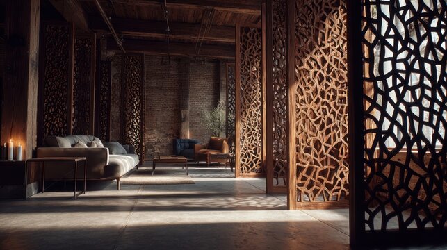 A hand-carved wooden screen divider with intricate lattice work, separating a sitting area in a spacious, open-plan loft, 8k, realistic, full ultra HD, high resolution, cinematic photography