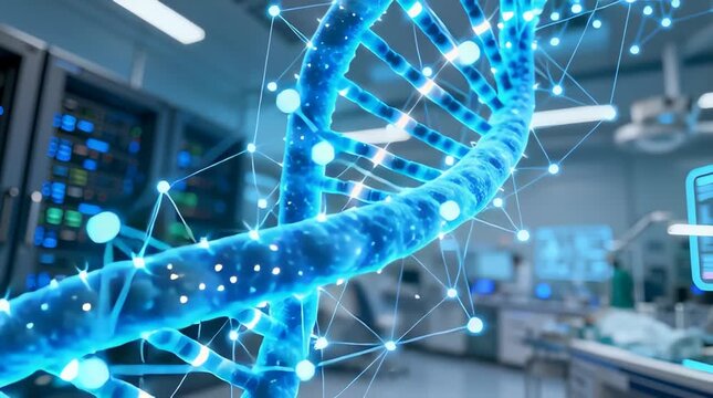 DNA double helix, glowing blue, laboratory background, genetic research, biotechnology concept