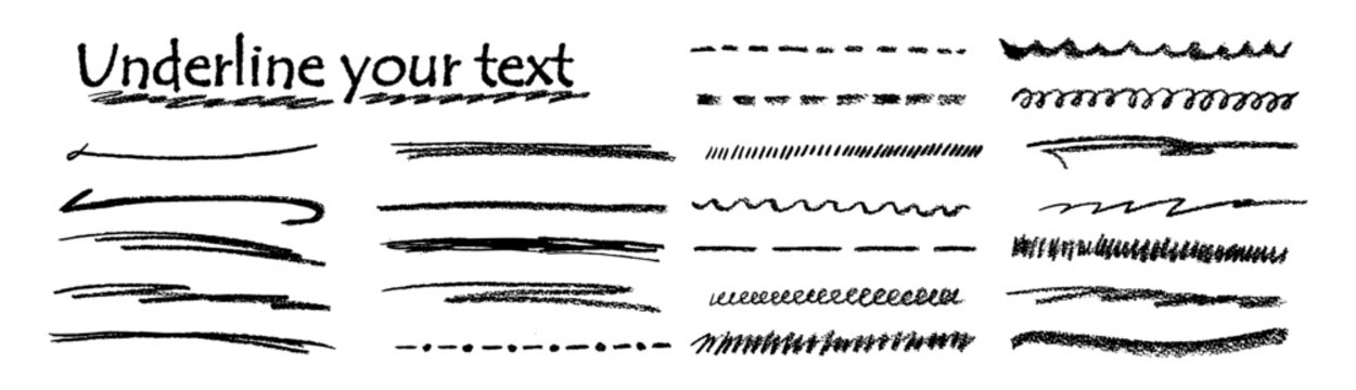 Hand drawn underline line bundle kit featuring chalk pencil, black brush or crayon stroke doodle effect with bold color texture creating abstract vector art accents for blackboard style design.