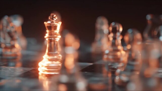 Glowing glass chess king piece game strategy chessboard macro leadership concept success metaphor competition focus king with warm bokeh light selective focus reflection glowing tension polished