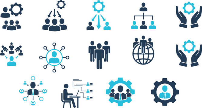 Business and teamwork icons set with people and gears