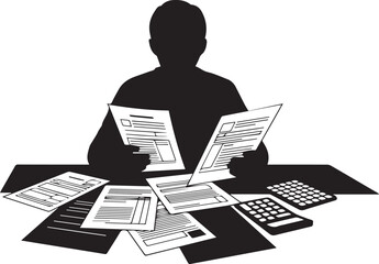 Man calculating financial debt reviewing paper documents stress budgeting payment planning deadline vector