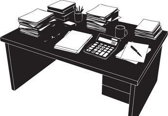 Messy office desk with calculator papers and supplies silhouette illustration for accounting work