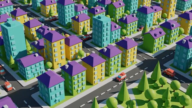Colorful cartoon city block featuring stylized buildings and roads, ideal for urban planning, real estate, or technology concepts.