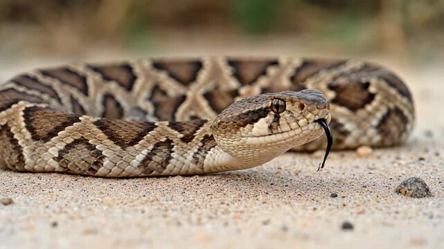 Wildlife scene capturing a venomous snake resting on sandy terrain in a natural environment