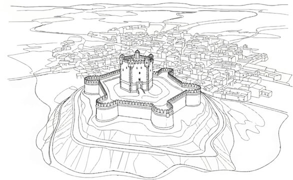 Fortified medieval town with central keep on hill, surrounded by outer walls and village