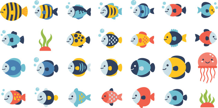 Cute tropical fish icon set with colorful aquarium sea animals and jellyfish