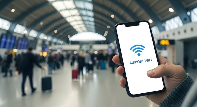 A hand holding a smartphone with an airport wifi logo in an airport terminal