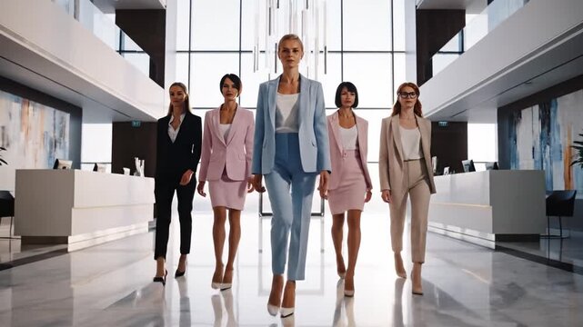 A group of five diverse businesswomen walk confidently through a bright modern office lobby. This scene represents female empowerment and leadership in the workplace. Ideal for corporate media.