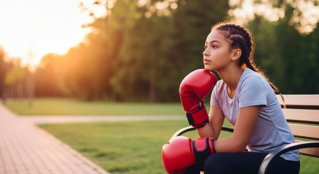 Girl sitting on bench with boxing gloves looking thoughtful outdoors  