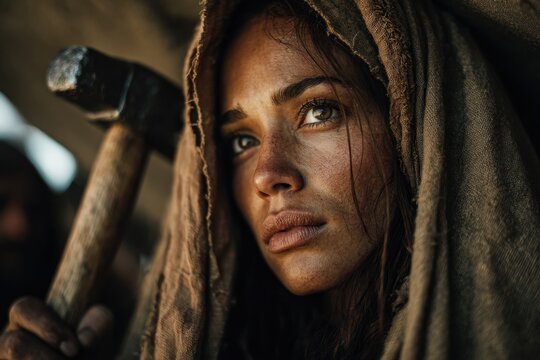 The biblical character Jael holds a hammer in her hand.