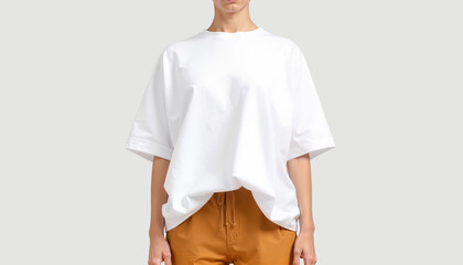 Blank white oversize t-shirt on woman, front view, ai generated. Empty casual loose fit clothing for comfortable sportswear mockup, grey background. Clear female minimalist style outfit template.