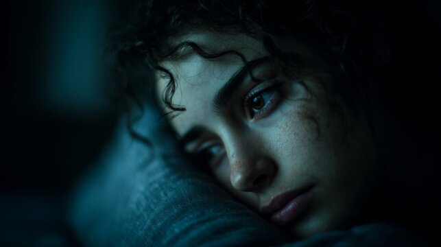 Woman rests her head on pillow, eyes weary yet luminous in dim blue light. Her quiet expression conveys vulnerability, introspection, emotional depth in stillness, fear, insomnia, nightmare concept.