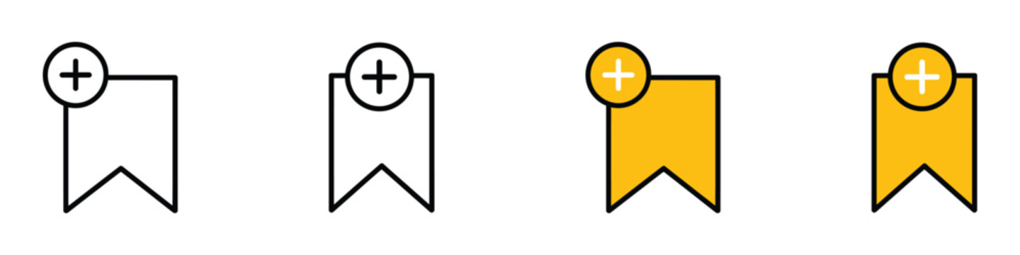 Bookmark plus icon vector. Ribbon symbol with add sign for saving favorite content, library organization, and digital reading list set. Vector Illustration.