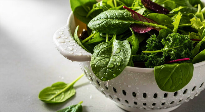 Leafy greens drying in colander with water droplets on vegetables  