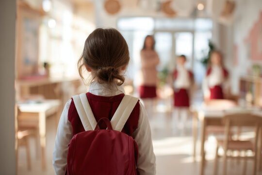 A schoolgirl entering a classroom on her first day of school.