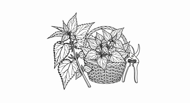Line art shows nettles in a basket next to pruning shears