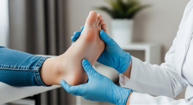Doctor examining patients foot in a clinic, professional podiatrist providing healthcare and treatment