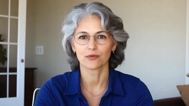 Woman talks about her thoughts and ideas while showing different expressions in a simple indoor space