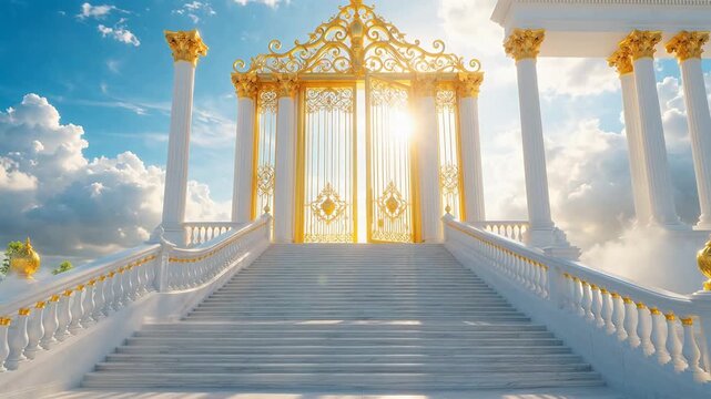 Golden gates with white columns and stairs