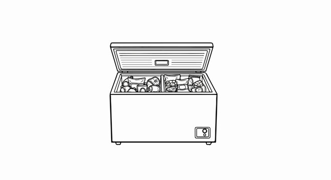 Line drawing of a chest freezer filled with packaged frozen foods