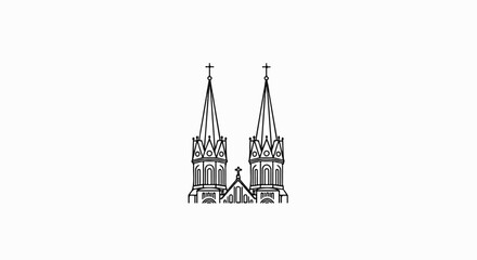 Naklejka premium Line drawing of a gothic-style building with two prominent spires