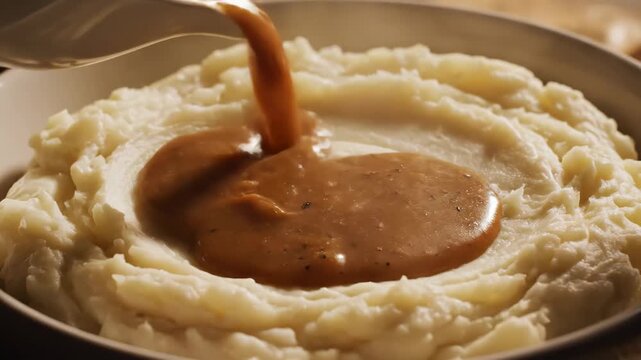 Creamy mashed potatoes with brown gravy pouring into a well 4K Video