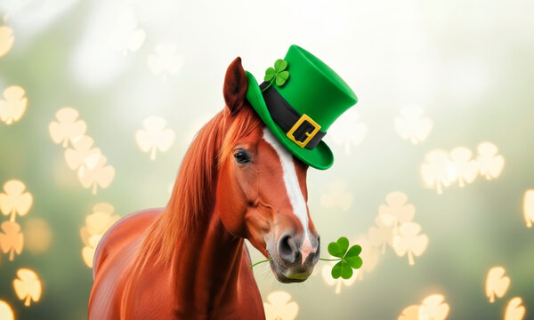 A red gallant horse in a green leprechaun hat with a three-leaf clover in his mouth. A symbol of good luck in the new year. St. Patrick's Day celebrations