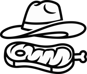 Iconic cowboy hat sits above a thick, bone-in cut of meat