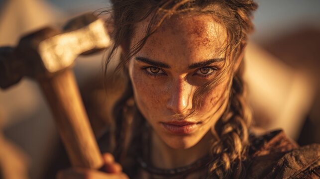 The biblical character Jael holds a hammer in her hand.