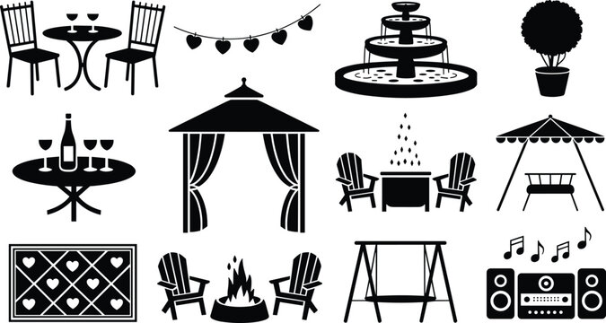 Silhouettes of outdoor furniture and decor including tables, chairs, gazebo, swing, fountain, fire pit, trellis, and stereo, vector illustration for garden design