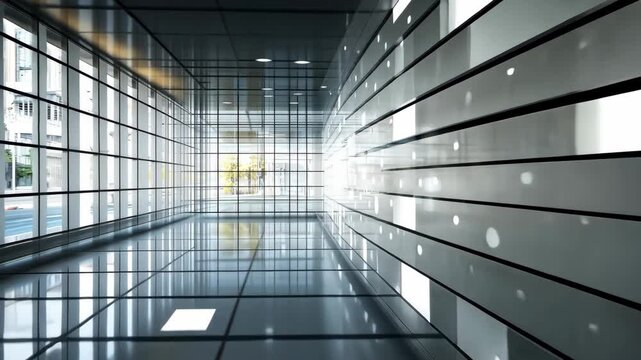 Bright light filters through a glass corridor as reflections change on smooth surfaces in a busy urban setting during daytime