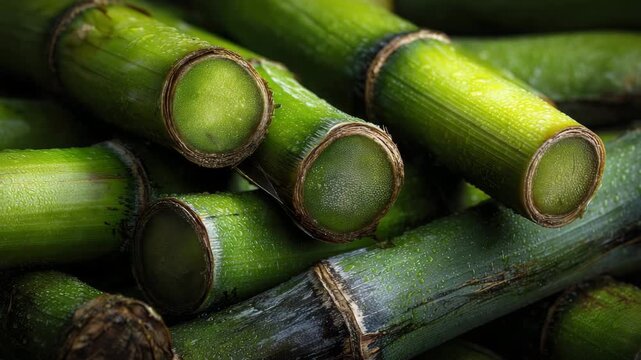 Lush green sugarcane stalks beautifully arranged in a natural setting, showcasing their rich texture and vibrant colors in an early morning light