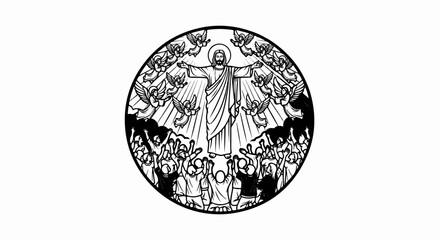 Jesus ascends, surrounded by angels, with a crowd looking up in awe