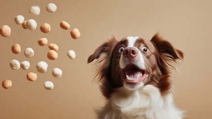 A playful dog shows an expression of joy and excitement as it eagerly watches treats fall from above, embodying the pure happiness and playful spirit of pets.
