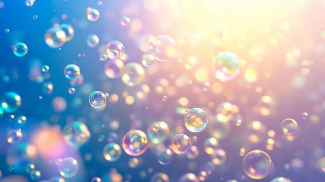 Luminous iridescent soap bubbles floating dreamily against a beautiful sunlit blue sky background