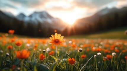 A stunning field bursting with vibrant orange flowers under golden sunlight, embodying the beauty of nature and evoking feelings of joy and renewal.