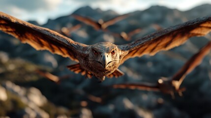 Fototapeta premium An intense close-up of a flying eagle, showcasing its piercing gaze and powerful wings, accentuating its dominance and freedom in the wild landscape of mountains.