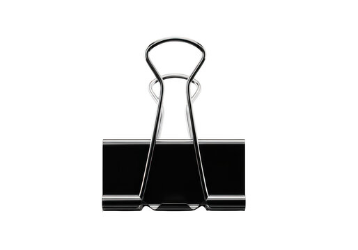 Black metal binder paper clip standing upright on transparent background