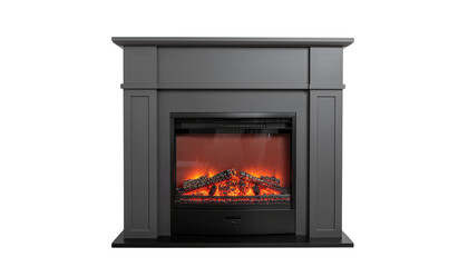 Gray fireplace with a simulated fire effect visible in the firebox area, centered in the image frame solid white background and no background