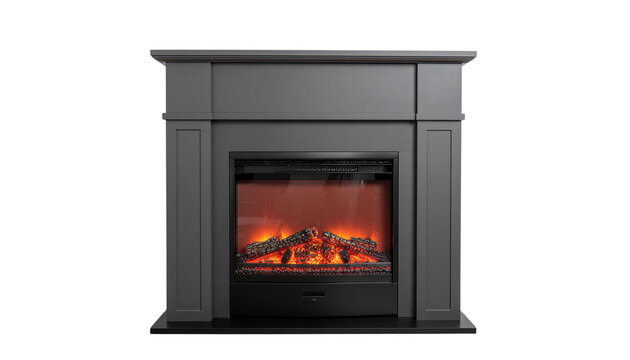 Gray fireplace with a simulated fire effect visible in the firebox area, centered in the image frame solid white background and no background