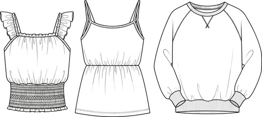 Technical Fashion Sketch Set Featuring Women's Smocked Crop Top Spaghetti Strap Cami and Raglan Sleeve Sweatshirt Front View Flat Vector Drawings © MDABDUR