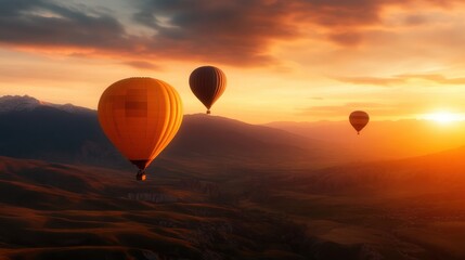 Fototapeta premium A breathtaking view of hot air balloons ascending during a dramatic sunset captures the spirit of adventure and freedom, making it perfect for travel and exploration themes.